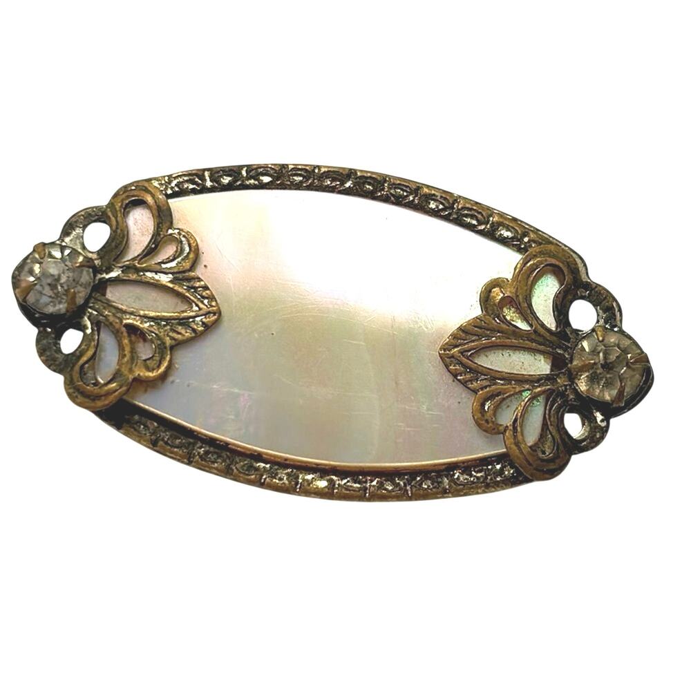 Vintage Mother of Pearl Rhinestone Oval Brooch Gold Tone Filigree Pin